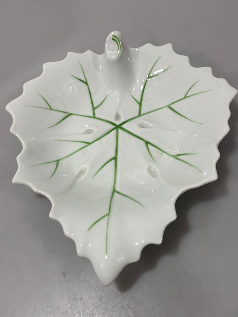 Chamart Limoges White Porcelain Leaf Dish w Green Painted Veins 11"